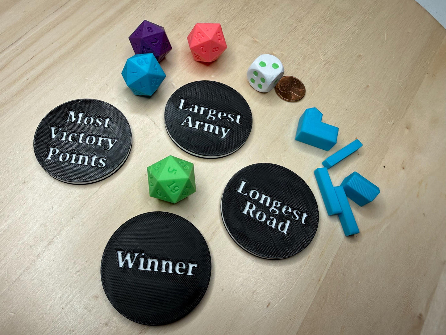 Settlers of Catan Tokens 4-Pack – Longest Road, Largest Army, Winner & Most Victory Points | Board Game Accessories | Tabletop Gaming Set