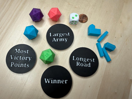 Settlers of Catan Tokens 4-Pack – Longest Road, Largest Army, Winner & Most Victory Points | Board Game Accessories | Tabletop Gaming Set